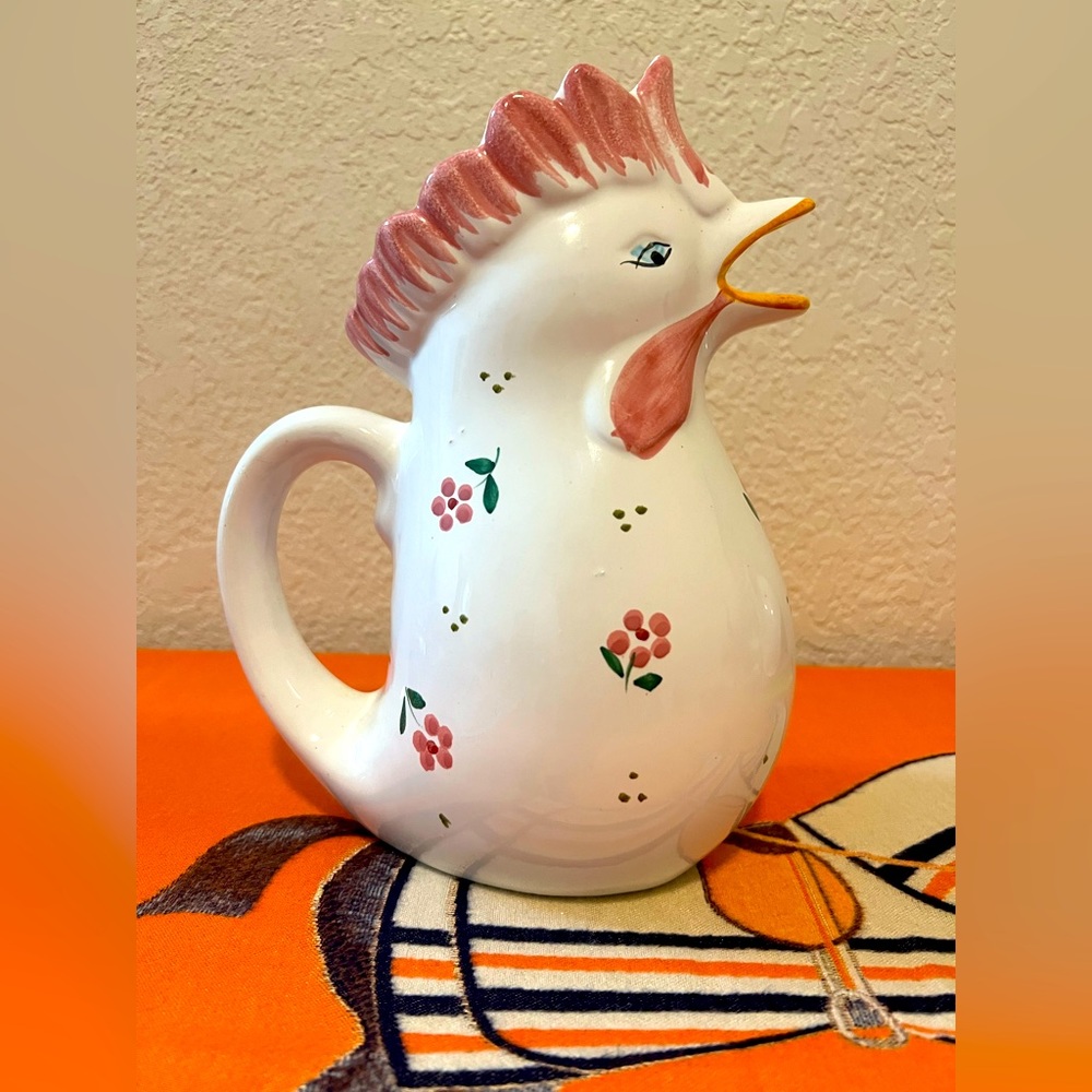 Large Ceramic Italian Rooster Pitcher. Handpainted In Italy. Flowers. 2210